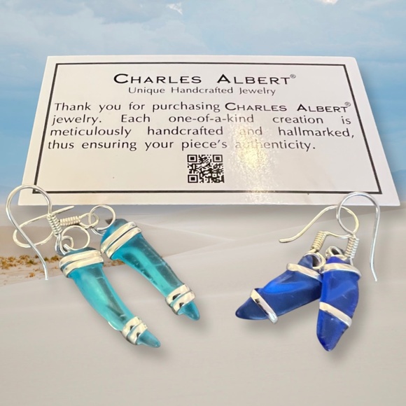 Aqua Blue and Cobalt Blue Pompano Beach Glass Freeform Pierced Earrings - Picture 1 of 4